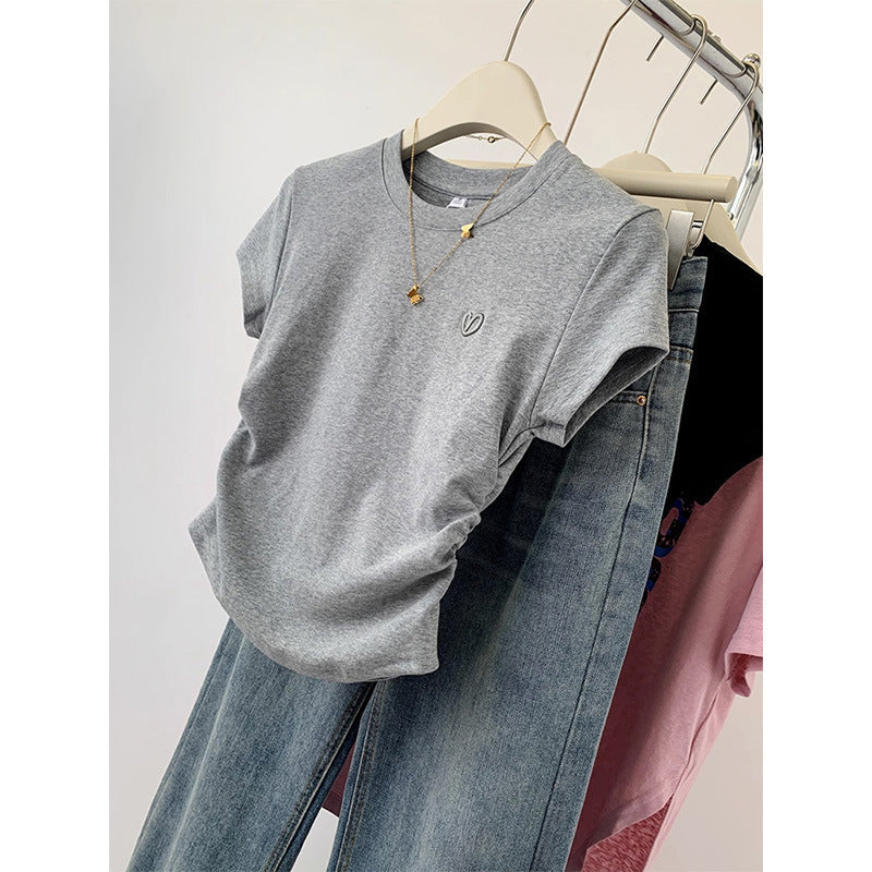 Short Sleeve T-shirt Female Gray Love Embroidery
