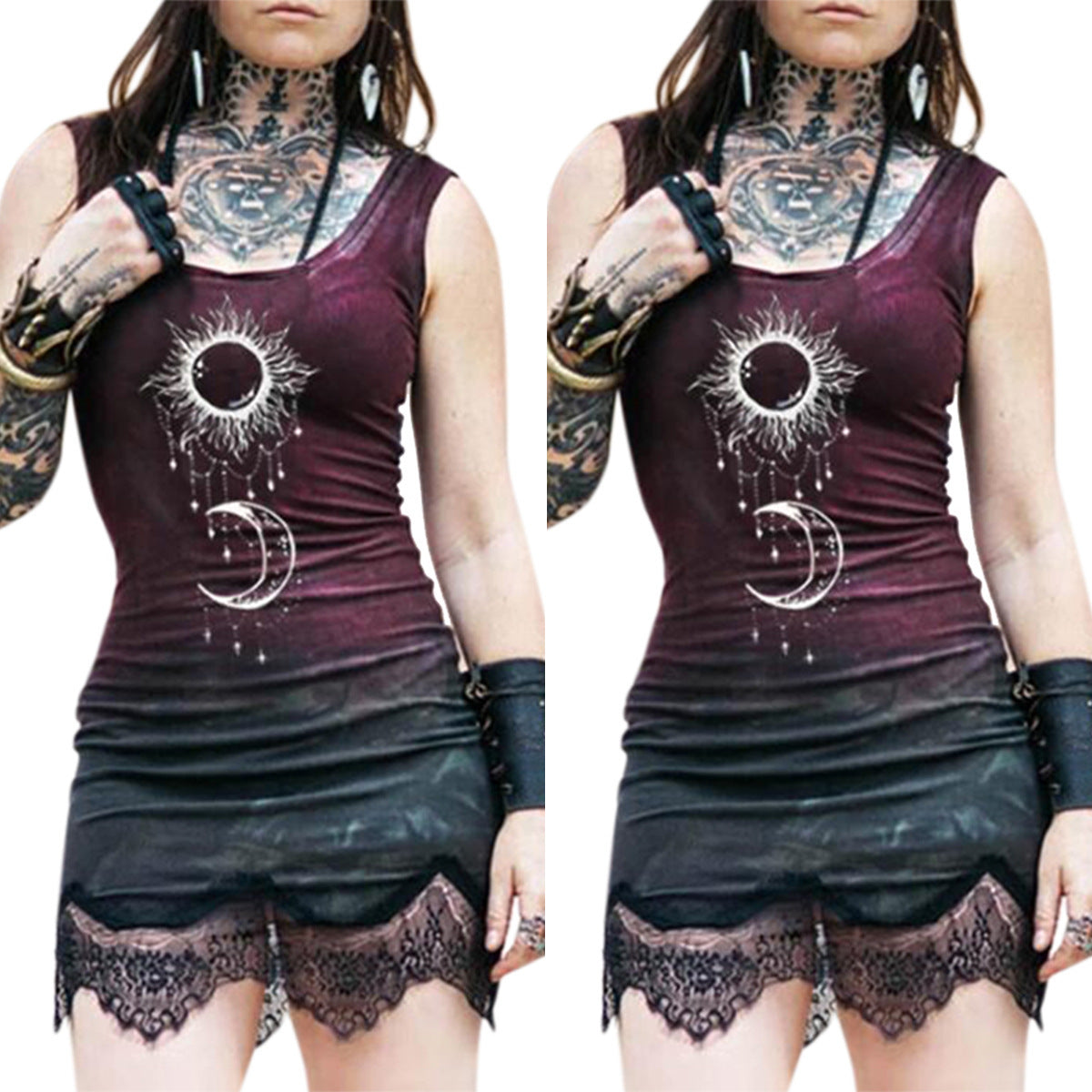 Vintage Print Lace Patchwork Dress Ladies Summer