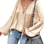 Women's Satin V-neck Long Sleeve Shirt Casual