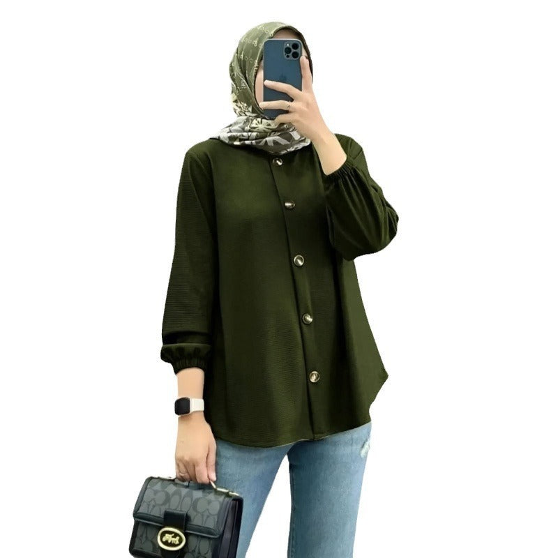 Muslim Ice Silk Wrinkle Stand-up Collar Literary Vintage Cardigan Loose Shirt Women