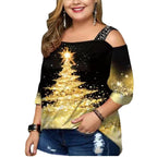 Women's Christmas Tree Print Off-shoulder Loose Short Sleeve Plus Size T-shirt Top