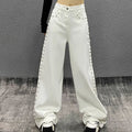 American-style Plus Size Handsome Beaded White Jeans