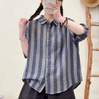 Wide Striped Printed Double-layer Yarn Loose Women's Cardigan Short Sleeve Shirt