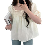 Niche Elegant Square Collar Hollow Crocheted Loose All-match See-through Puff Sleeve Shirt