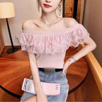 Off-shoulder Top Slim Lace Stitching Ruffled Short Sleeves