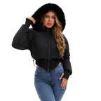 Women's Hooded Large Fur Collar Short Cotton Jacket