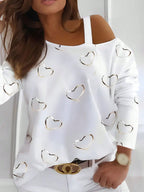 Heart Printing Women's Strapless Sexy Pullover Long Sleeve T-shirt