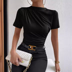 Women's Slim-fit Short-sleeved T-shirt With Small Turtleneck Pleating