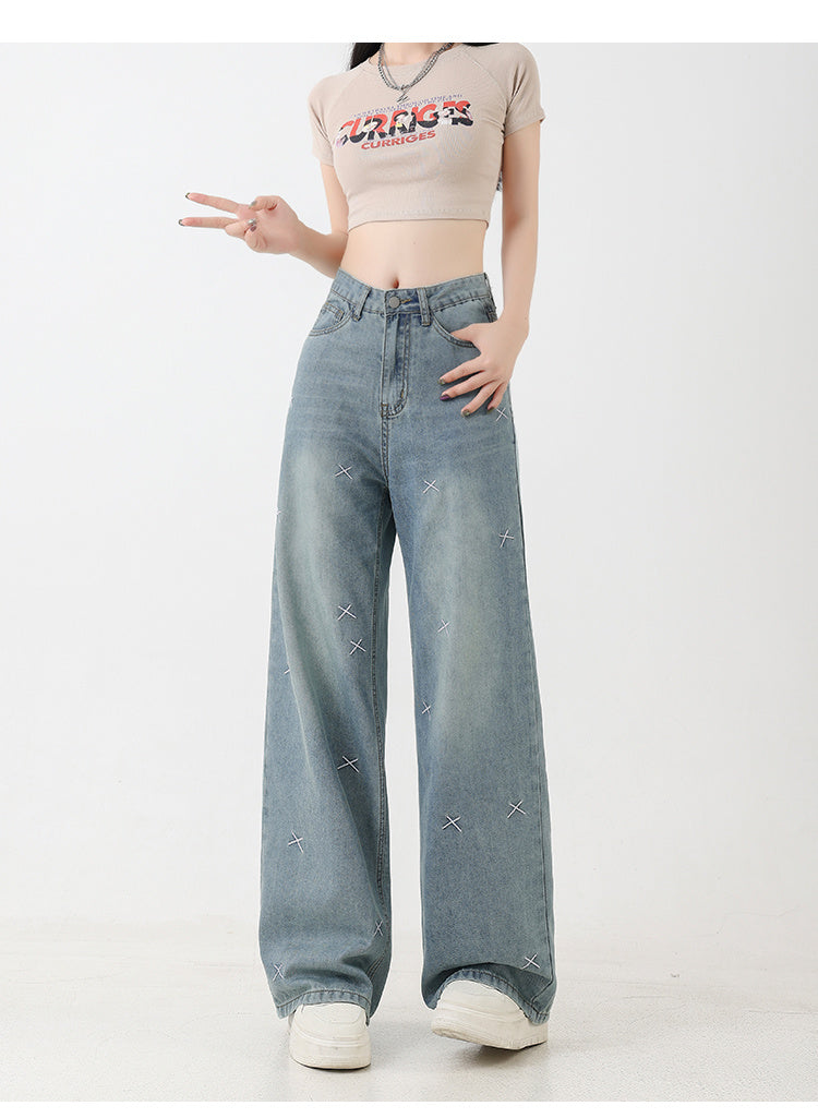Women's Tencel Light Colored Embroidered Wide Leg Jeans