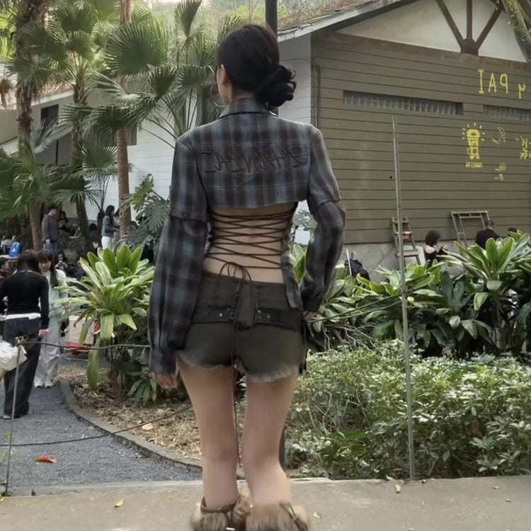 American Hot Girl Backless Lace Up Plaid Shirt Women's Spring And Summer New Slim Fit